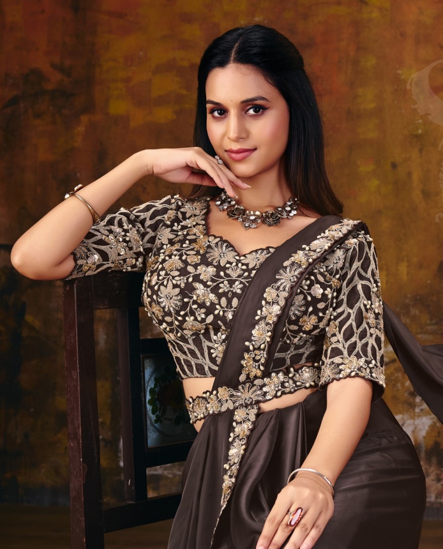 27114 - Deep Brown Embroidered Wedding Party Designer Saree